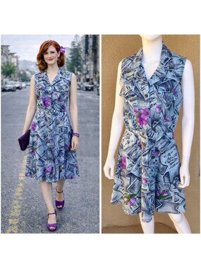 Vintage 90s does 50s Artsy Collage Hawaiian Button Front Dress